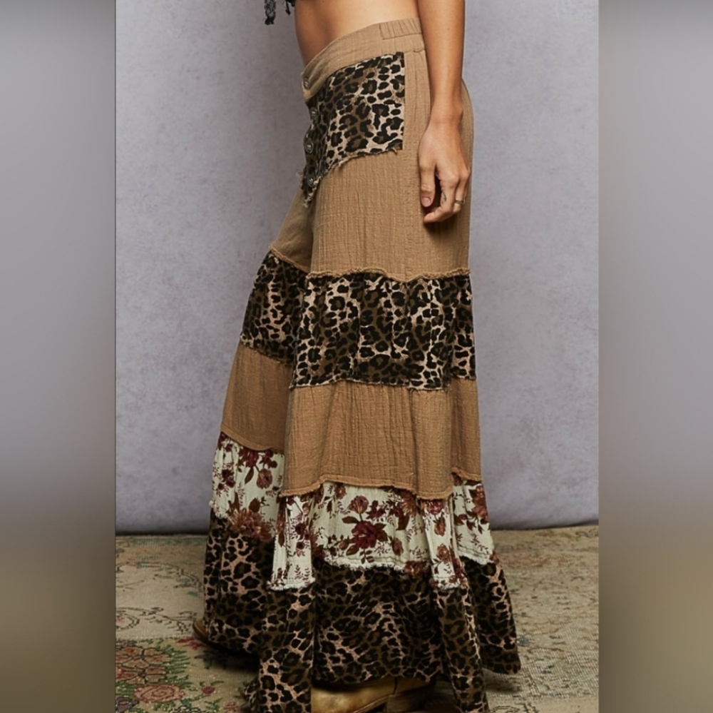 #982 POL Bohemian Leopard Print Patchwork Pants - Picture 2 of 4